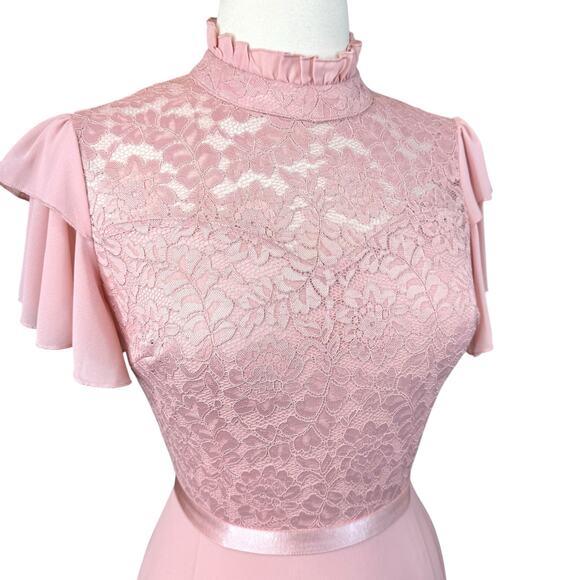 Womens Dusty Pink Floral Lace Butterfly Sleeve High Neck Maxi Formal Dress Small - Picture 8 of 16